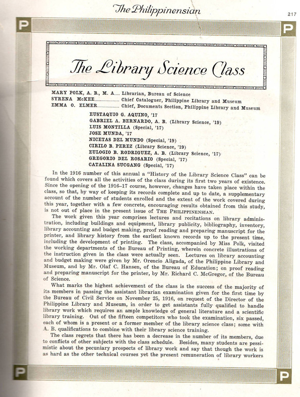 item thumbnail for History of the Library Science Class Excerpt from The Philippinensian